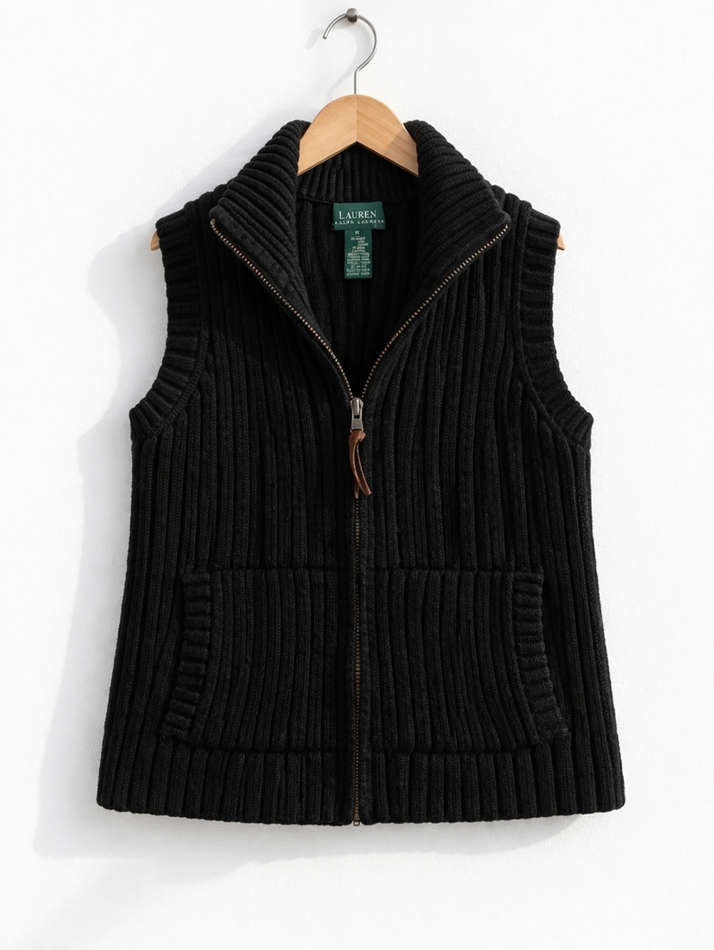 ✨2/$25 LRL Ralph Lauren~Womens VTG Cableknit Zipup Vest~Black Ribbed Sweater~SM